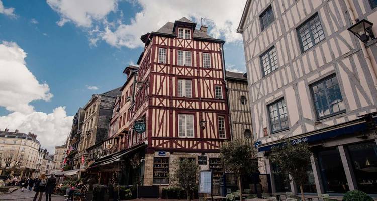 Traditional timber-framed buildings in a European old town.