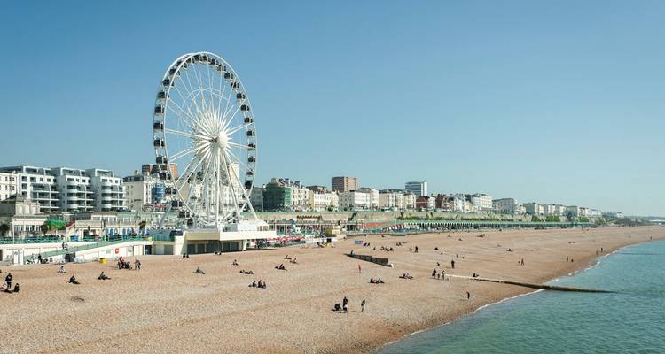 Beach with a ferris wheel and people sunbathing.