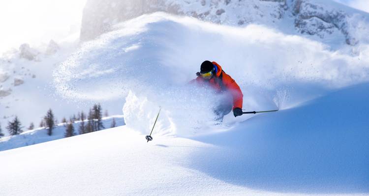 Skier carving through deep powder snow with impressive snow spray.
