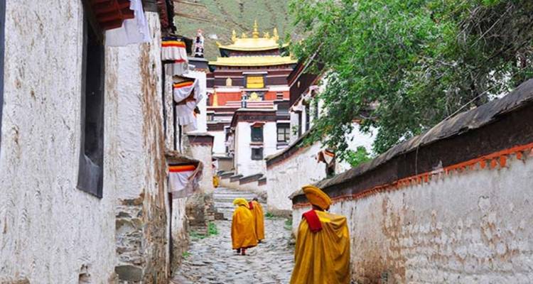 Monks walking down a rustic path leading to a monastery.