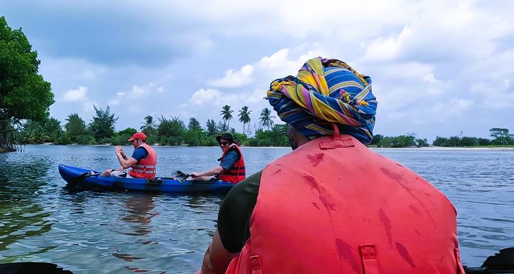 Des personnes faisant du kayak dans un environnement tropical avec des gilets de sauvetage.