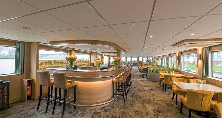 Área de salón interior de crucero con bar y asientos.