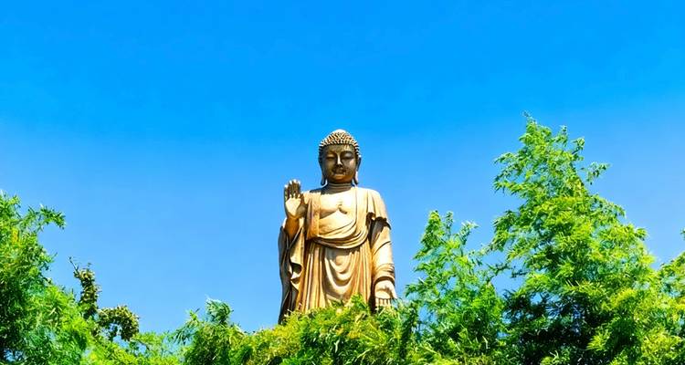 Statue of Buddha surrounded by green foliage against a blue sky.