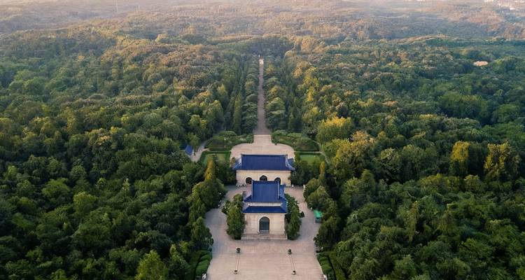 Aerial view of a park with a long pathway surrounded by greenery.