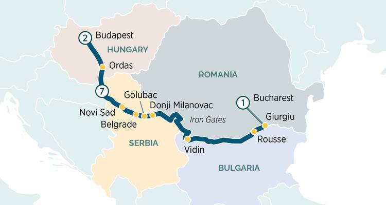 Duplicado del mapa del crucero por el Danubio de Bucarest a Budapest con enfoque en las Puertas de Hierro.