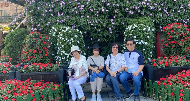 Quatre voyageurs assis sur un banc entourés de présentations florales rouge vif et violet éclatantes