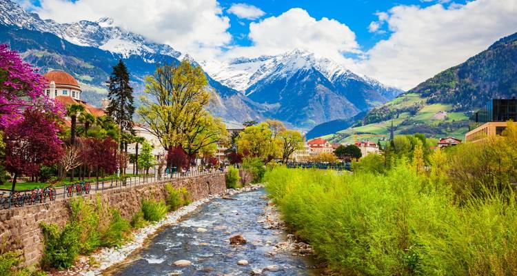 Scenic view of a river with snow-capped mountains in the background.