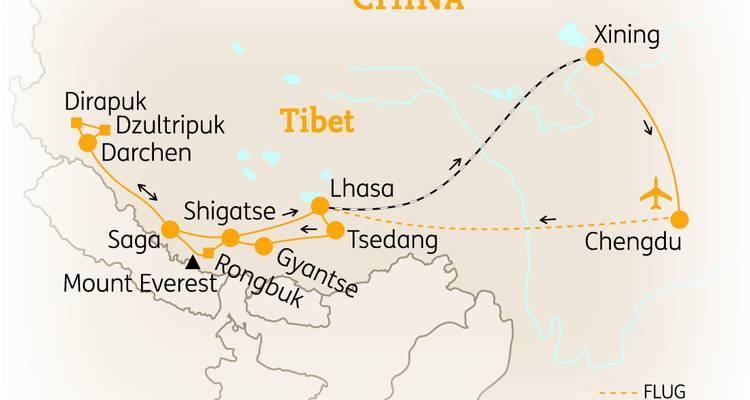 Map showing a travel route in China and Tibet.