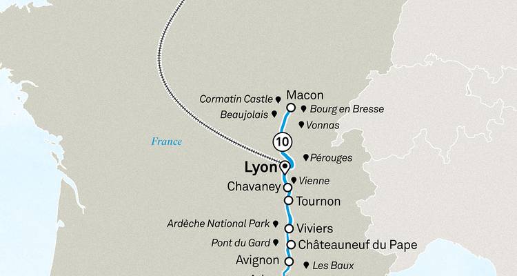 Alternative Rhône-Kreuzfahrtkarte einschließlich Chalon-sur-Saône und Tournus nördlich von Lyon.