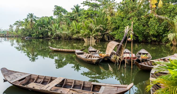 Wooden boats on a calm river surrounded by lush vegetation.