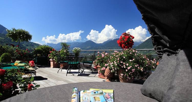 Terrace with flowers and mountain views on a clear day.