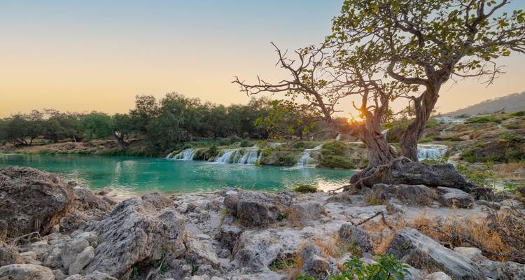 A beautiful waterfall and lake surrounded by greenery at sunrise.