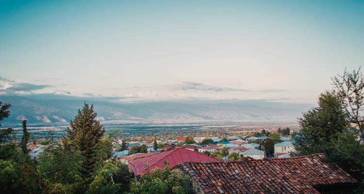 Uitzicht over een landelijk stadje met bergen in de verte.