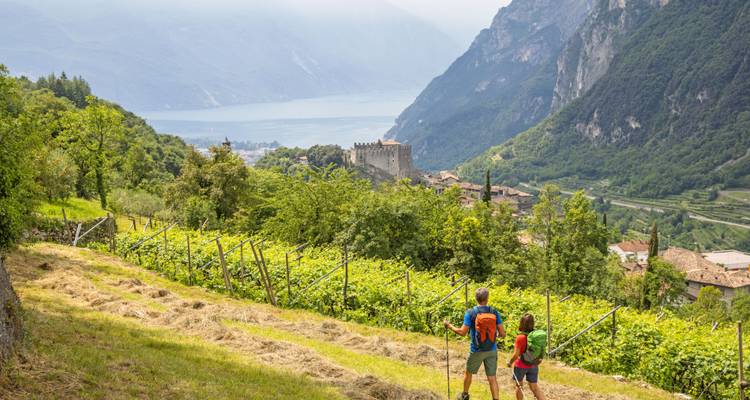 Two hikers pause on a hillside vineyard overlooking a lake and dramatic mountain backdrop.