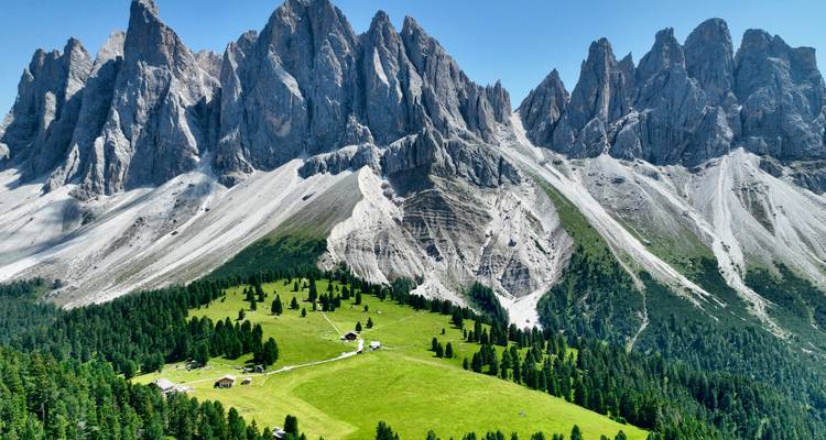 Mountain range with sharp peaks and green valley.