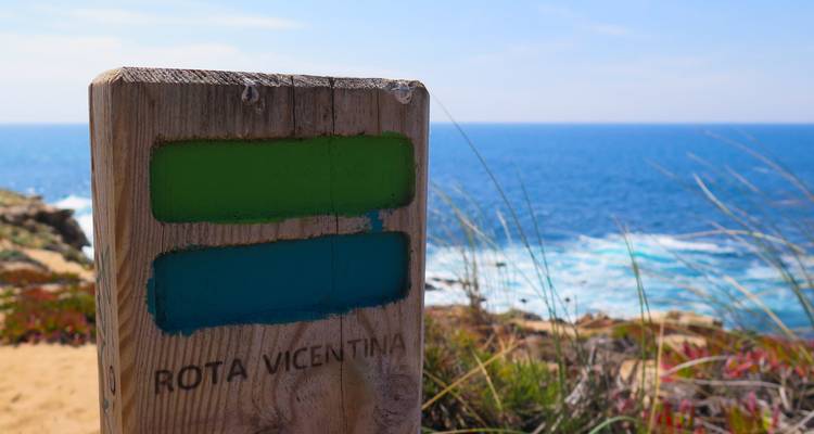 Hölzerner Wegweiserpfahl auf einem Küstenweg mit Meer im Hintergrund.