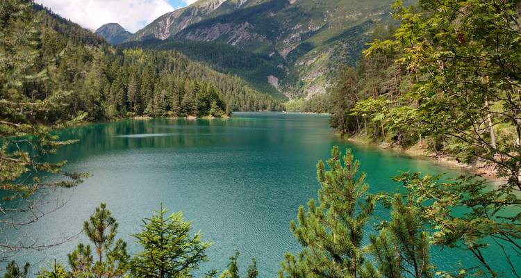 Türkisfarbener See umgeben von Wald und Bergen.