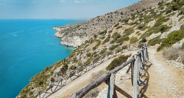 Scenic coastal view of a rocky path alongside a blue ocean.