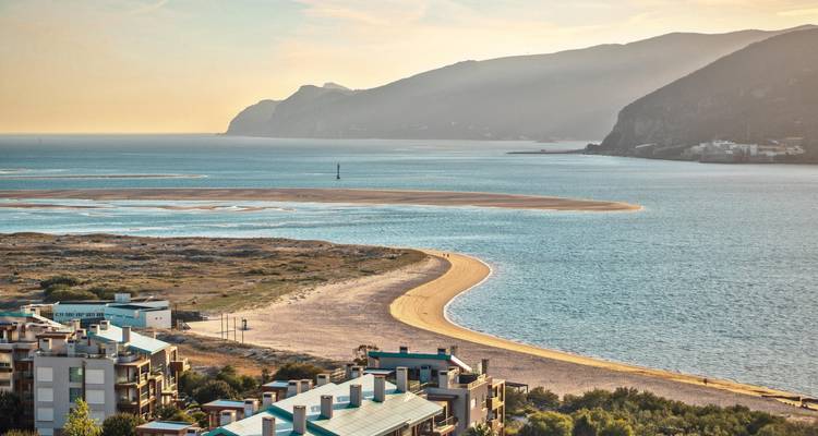 Aerial view of a coastal landscape with sandy beach and mountains.