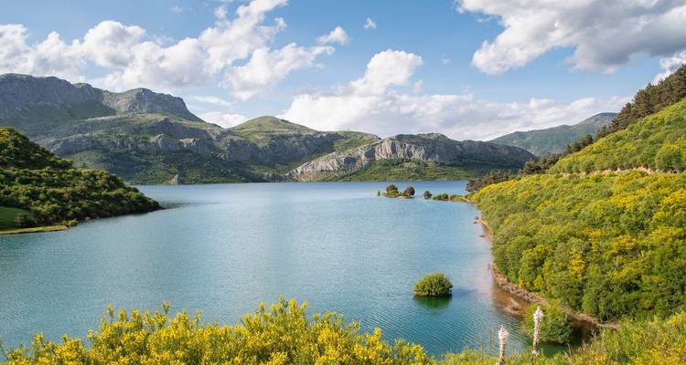 Lush landscape with a lake and surrounding hills.
