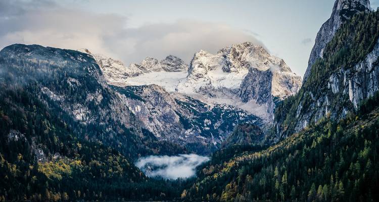 Snowcapped mountains with a forested valley.