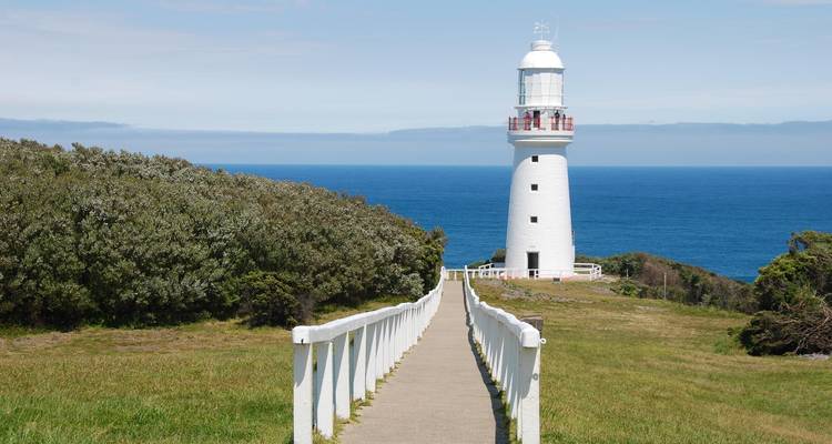 Path leading to a white lighthouse by the ocean.