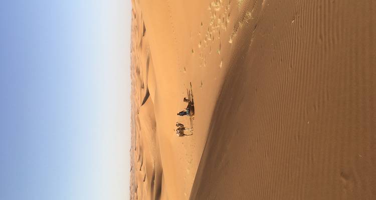 Deux personnes avec des chameaux marchant sur les dunes de sable d'un désert.