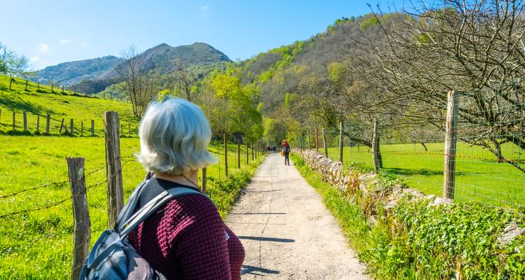 Dame âgée marchant le long d'un sentier rural avec des montagnes au loin.