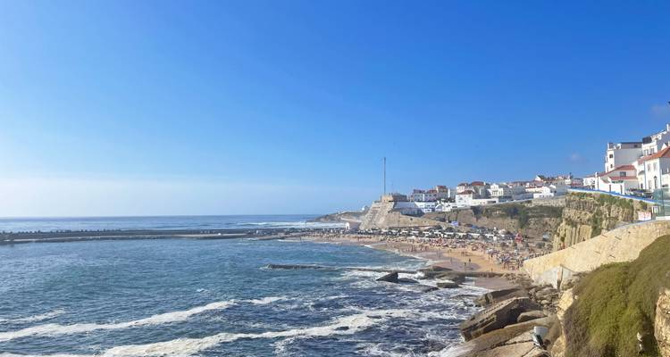 Vue côtière avec plage et rivages rocheux sous un ciel dégagé.