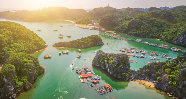 Vue aérienne époustouflante d'une zone côtière avec des bateaux and des îles.