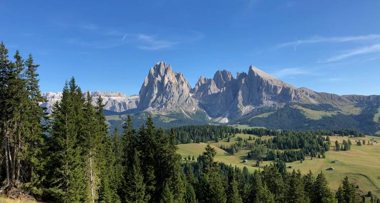 Sharp mountain peaks with clear blue sky and green forest.
