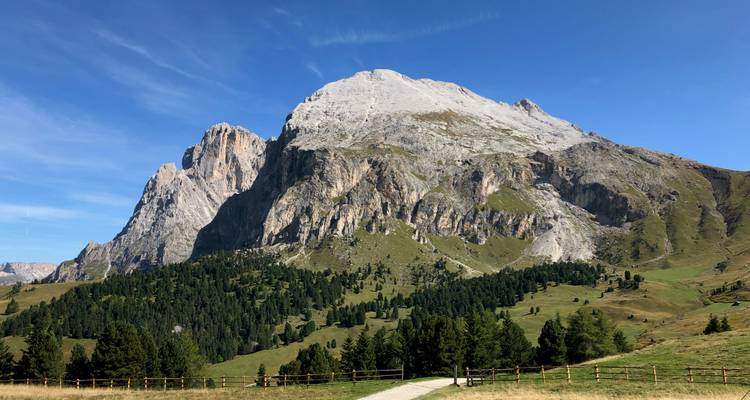 A rocky mountain with greenwood and clear sky.