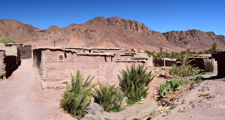 Pueblo tradicional marroquí con palmeras y telón de fondo montañoso.