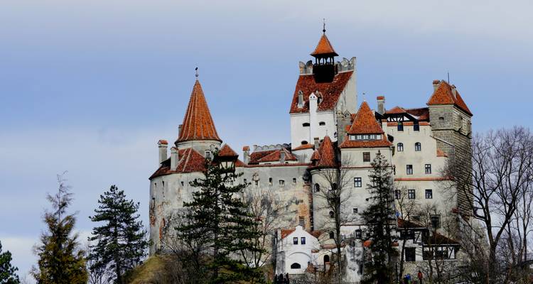 Château de Bran entouré d'arbres et de visiteurs.