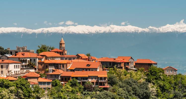 Uitzicht op een stad met rode daken en bergen op de achtergrond.