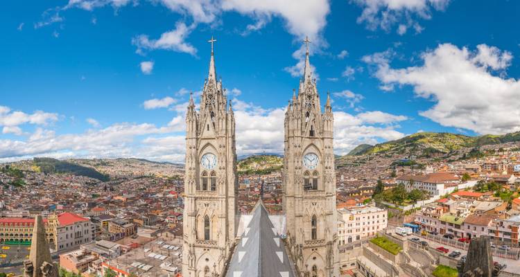 Panoramic view of a historic city with prominent cathedral towers.