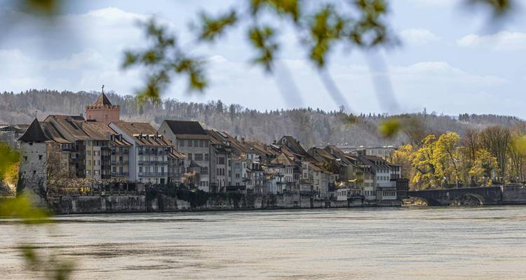 Blick über einen Fluss auf eine Stadt mit traditionellen Häusern.