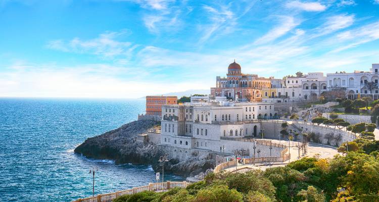 Malerischer Küstenblick mit historischen Gebäuden.
