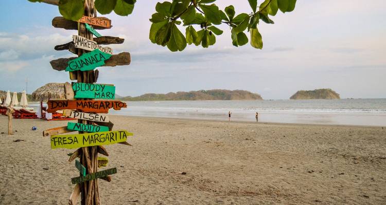 Plage avec des panneaux directionnels colorés et des gens qui se promènent le long du rivage.