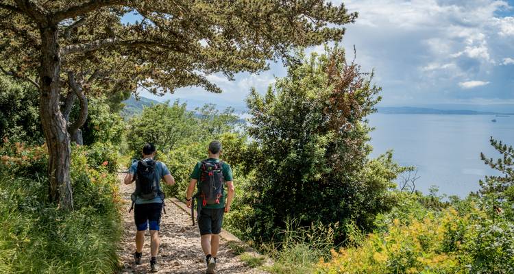 Dos excursionistas caminan por un sendero costero sombreado con vista al tranquilo mar Adriático azul.