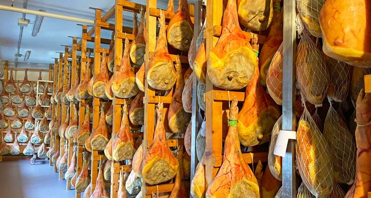 Reihen von hängenden gepökelten Fleischwaren in einem Lagerraum.