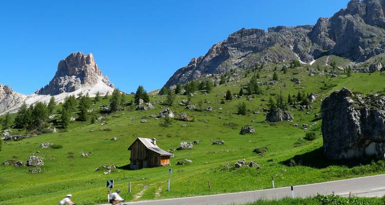 Cyclists on a road near a meadow and mountain range.