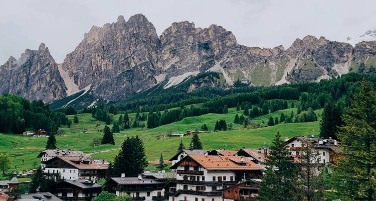 Village with mountains in the background.