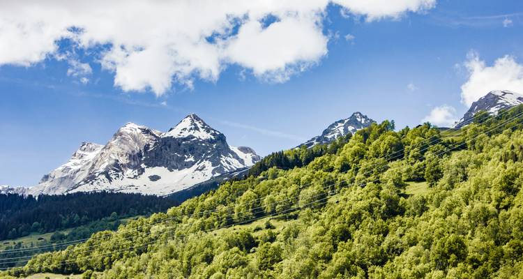 Chaîne de montagnes avec des pentes vertes et des sommets enneigés.