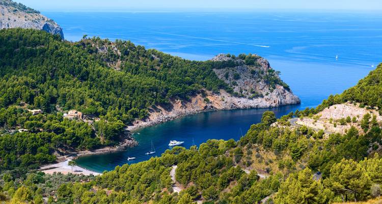 A small secluded bay with boats and blue-green water surrounded by trees.