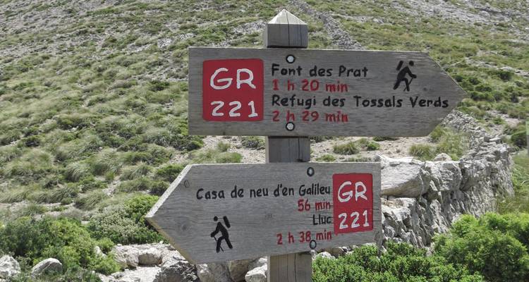 Wooden hiking trail sign pointing to various routes.