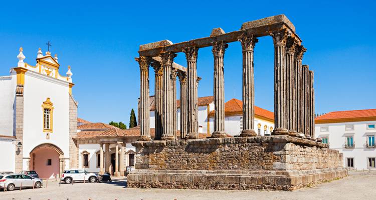 Ruines de temple romain avec colonnes et bâtiments historiques alentour.