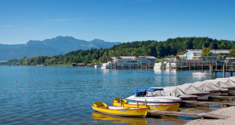 Felgele waterfietsen opgesteld op een strand aan een meer met beboste heuvels en bergen aan de overkant van het water.