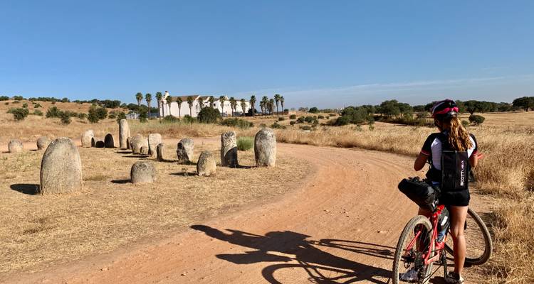 Cycliste s'arrêtant pour observer des menhirs préhistoriques avec un grand bâtiment en arrière-plan.