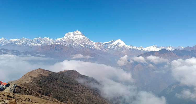 Montagnes enneigées au-dessus des nuages avec un ciel bleu clair.